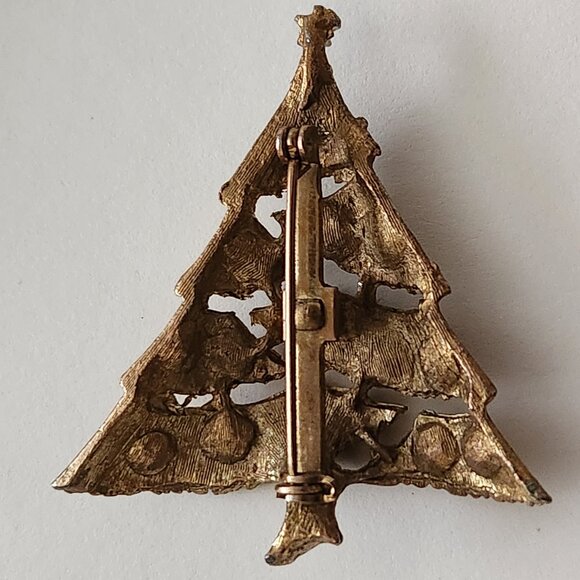 Vintage Christmas Tree Brooch Gold-Tone Metal Colored Rhinestones - Picture 3 of 6